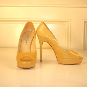 Jimmy Choo Tan Patent Leather Peep Toe Heel